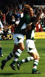 P&P celebrate their first goal against Stevenage on 16th August 1997