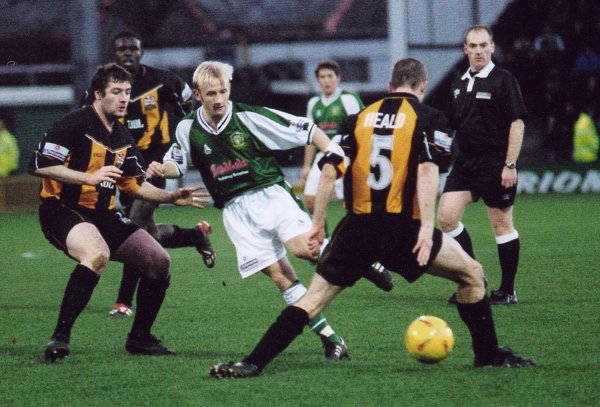 Darren Way finds his threaded pass blocked by Barnet's Greg Heald