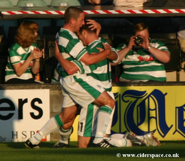 Phil Jevons celebrates his goal with Lee Johnson