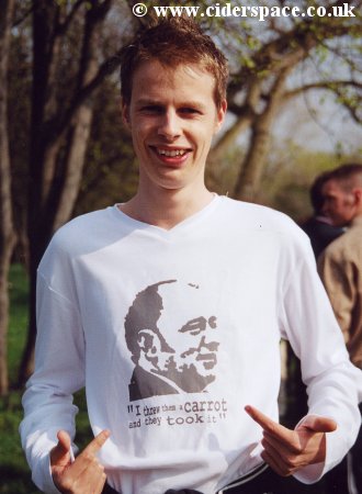 Seb White, co-editor of On To Victory, sports a custom-made T-shirt