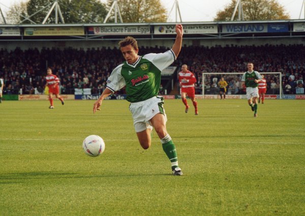 Andy Lindegaard in action - this picture shows just how stunning the Huish Park pitch is at present