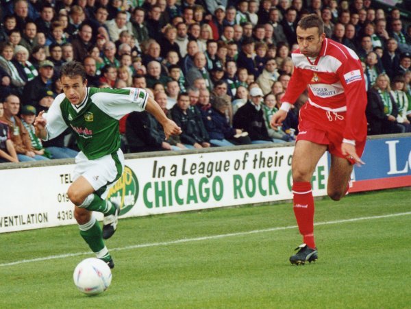 Andy Lindegaard leaves a Doncaster defender gasping for breath