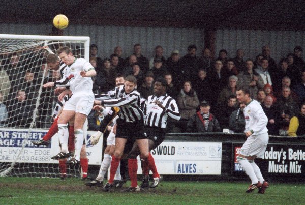 Terry Skiverton tries to win a header in the Forest Green penalty box