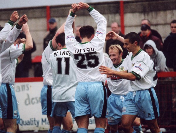 The team join in a bizarre ritual to celebrate Macca's goal at Northwich