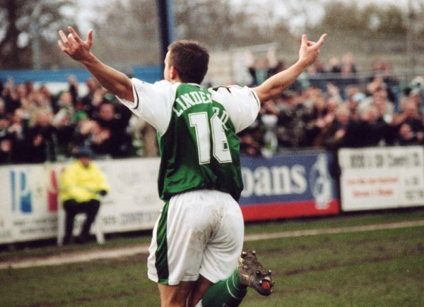 Andy Lindegaard runs to the Yeovil supporters, celebrating his opening goal