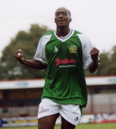 Who's a happy boy then? Abdoulai Demba celebrates his debut goal for the Glovers