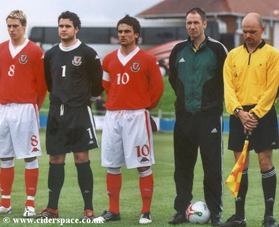 The Welsh U21 side, including Arron Davies, line up for the national anthems