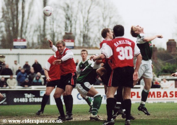 Adam Lockwood flicks on a Lee Johnson corner, but his header goes just wide