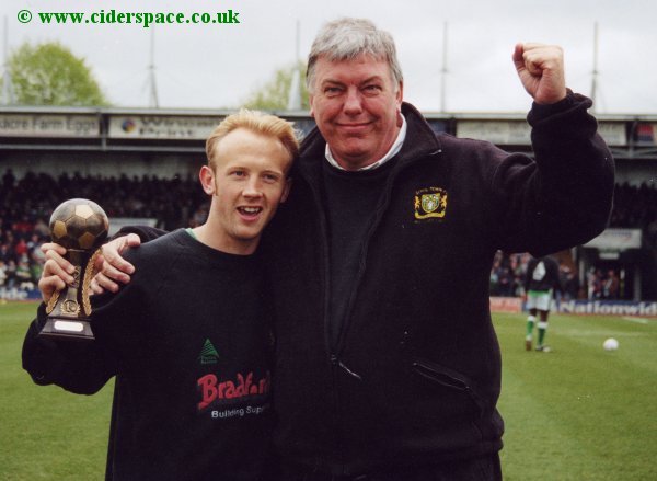 Darren Way receives his Glovers News Player of the Season award from Adrian Hopper
