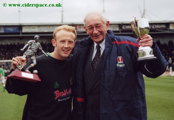 Darren Way receives his YTISA Player of the Season award from YTISA President Bryan Moore