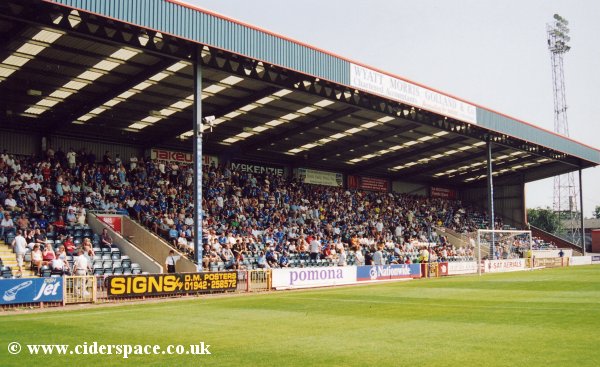 Rochdale's Pearl Street stand, behind one of the goals