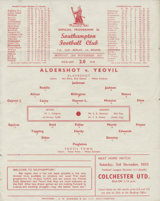1955-56, Aldershot, F.A.Cup, Round 1 second replay, at The Dell - CLICK TO ENLARGE