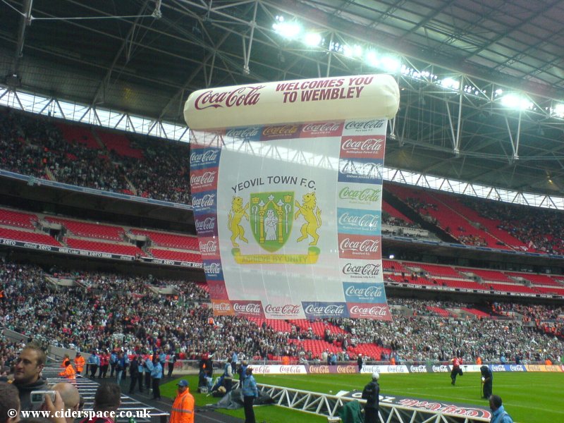 A Yeovil Town helium banner paraded before kick-off. Photo George Murray.