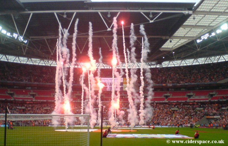 A pyrotechnics show as the team come out Photo George Murray.