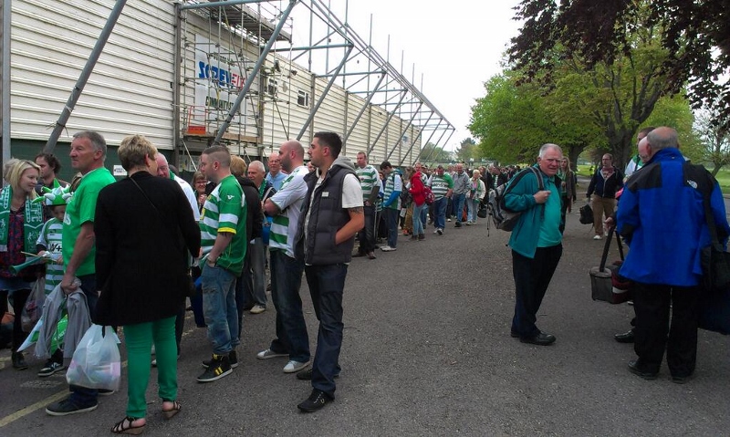 Queuing for coaches at Huish Park outside the Screwfix Stand on the morning. Photo Dingle001's Twitter